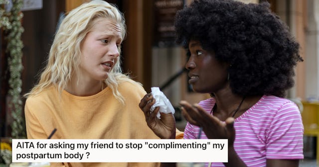 Two women are engaged in a serious conversation outdoors. One has blonde hair and wears a yellow top...