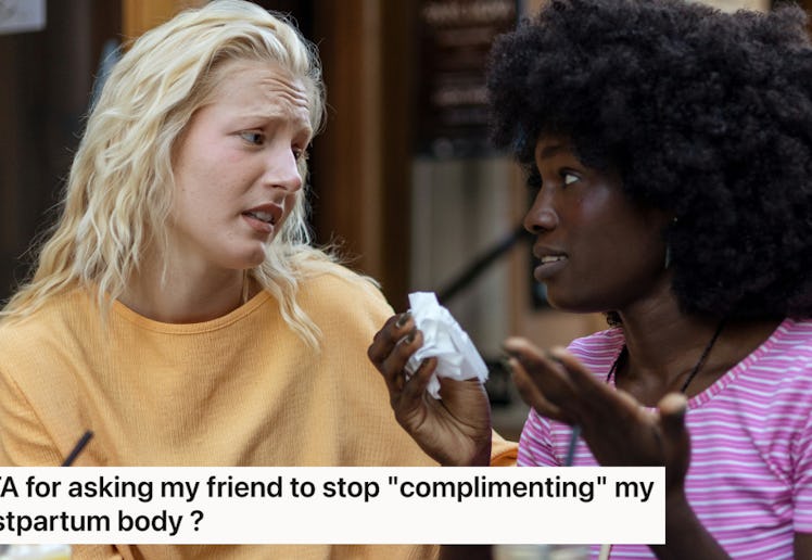 Two women are engaged in a serious conversation outdoors. One has blonde hair and wears a yellow top...