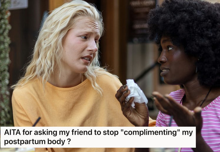 Two women are engaged in a serious conversation outdoors. One has blonde hair and wears a yellow top...
