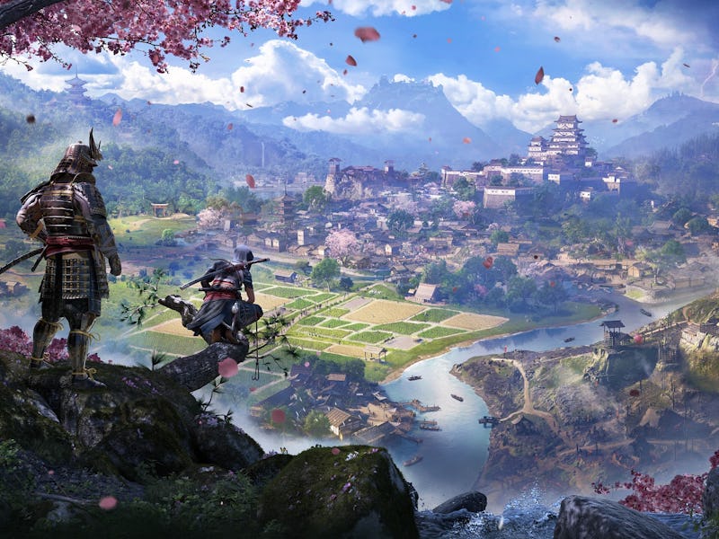 Yasuke and Naoe stand on a cliff overlooking a lush valley with cherry blossoms. A distant castle an...