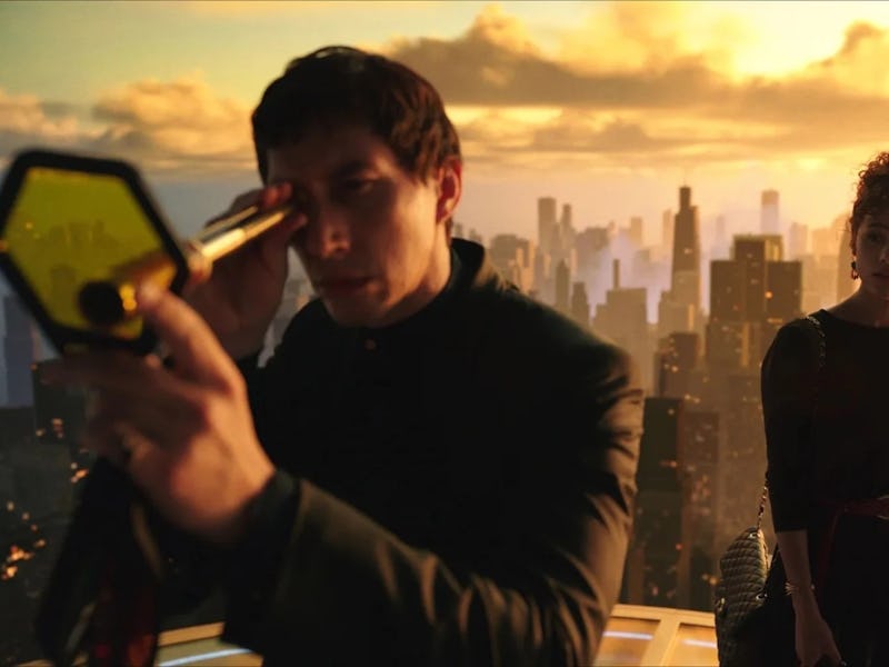 A man holds a futuristic device while gazing into the distance, overlooking a sprawling cityscape at...