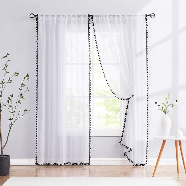 Treatmentex White Sheer Curtains with Black Pompoms