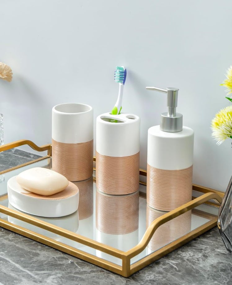 MyGift Dual-Tone White & Clay Ceramic Bathroom Accessories Set