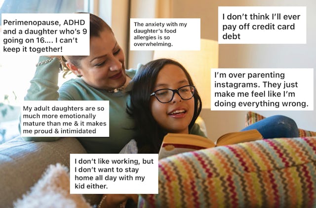 A mother and daughter share a cozy moment on a couch, surrounded by quotes expressing parenting stru...