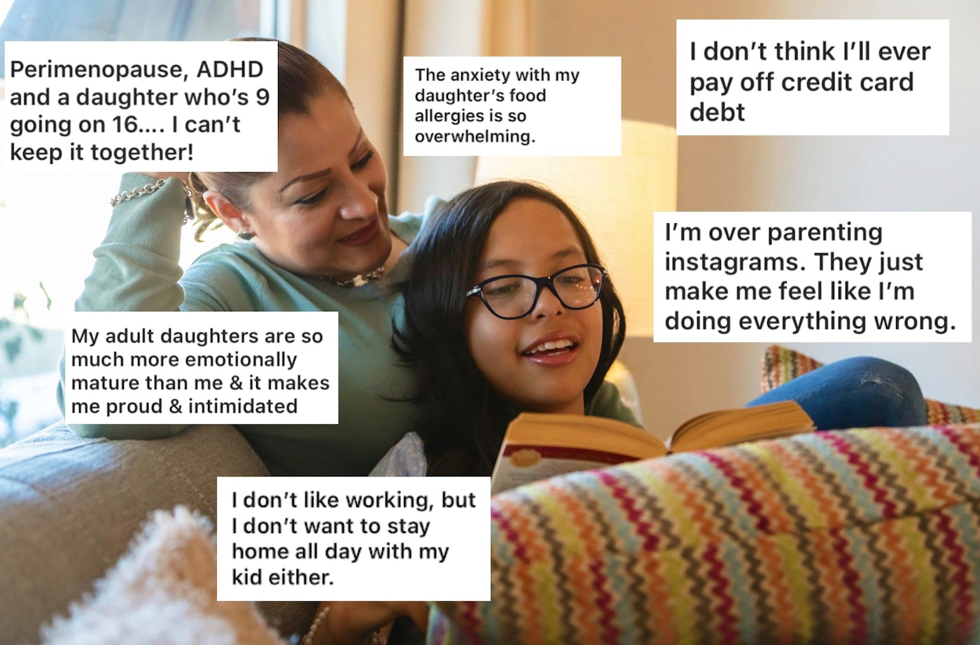 A mother and daughter share a cozy moment on a couch, surrounded by quotes expressing parenting struggles and societal pressures. The daughter reads while the mother smiles supportively.