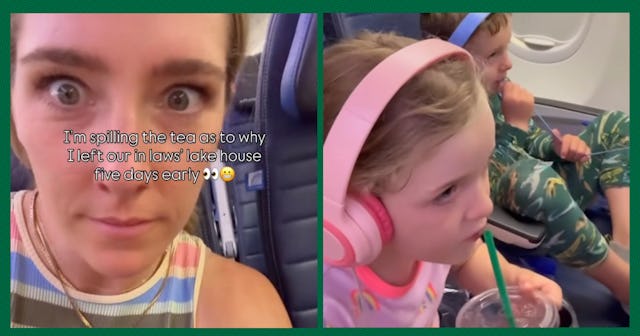 A woman and her children are on a plane headed home from vacation.
