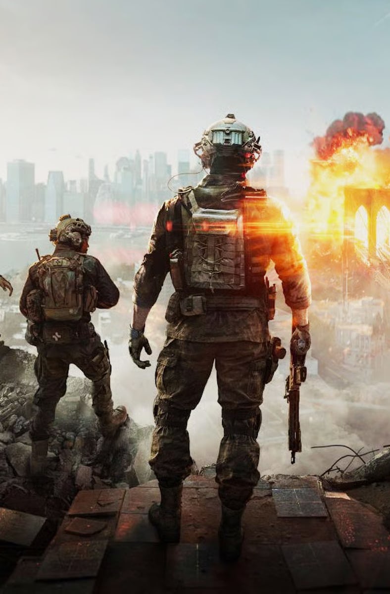 A group of four soldiers stands on rubble, gazing towards a city engulfed in flames and smoke, with ...