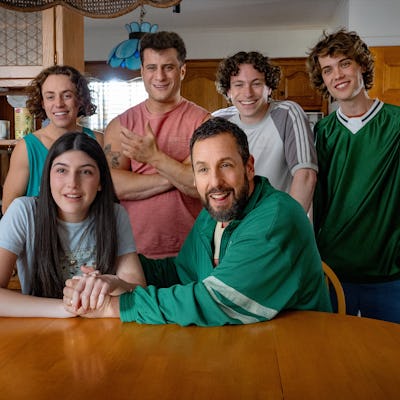 (L to R) Sunny Sandler as Vienna, Adam Sandler as Happy Gilmore, Ethan Cutkosky as Wayne, Maxwell Jacob Friedman as Gordie, Philip Schneider as Bobby and Conor Sherry as Terry in Happy Gilmore 2