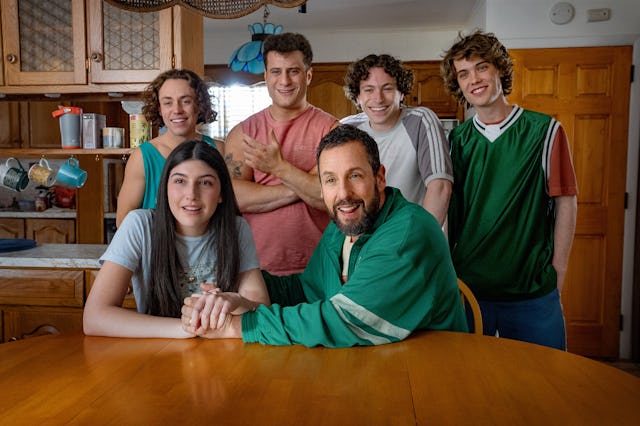 (L to R) Sunny Sandler as Vienna, Adam Sandler as Happy Gilmore, Ethan Cutkosky as Wayne, Maxwell Ja...
