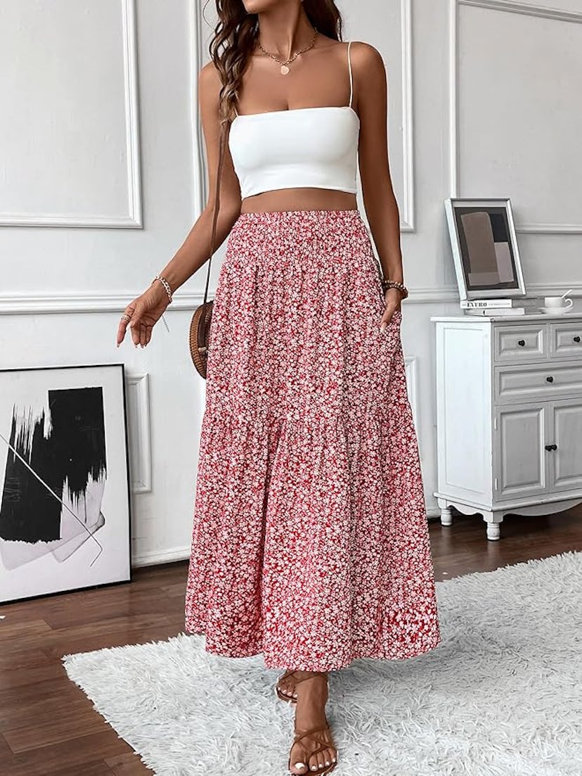TuoGo Smocked High-Waist Maxi Skirt