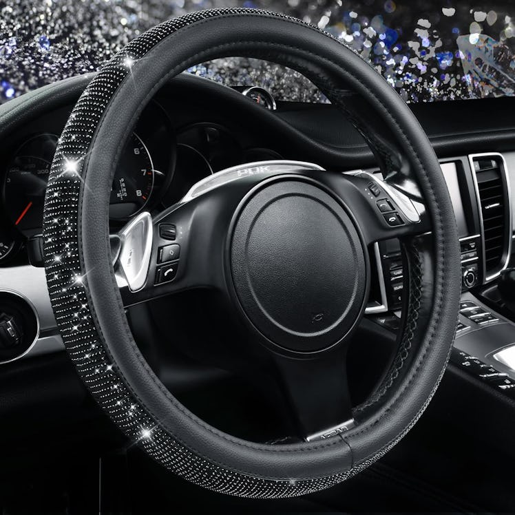 CAR PASS Diamond Faux Leather Steering Wheel Cover