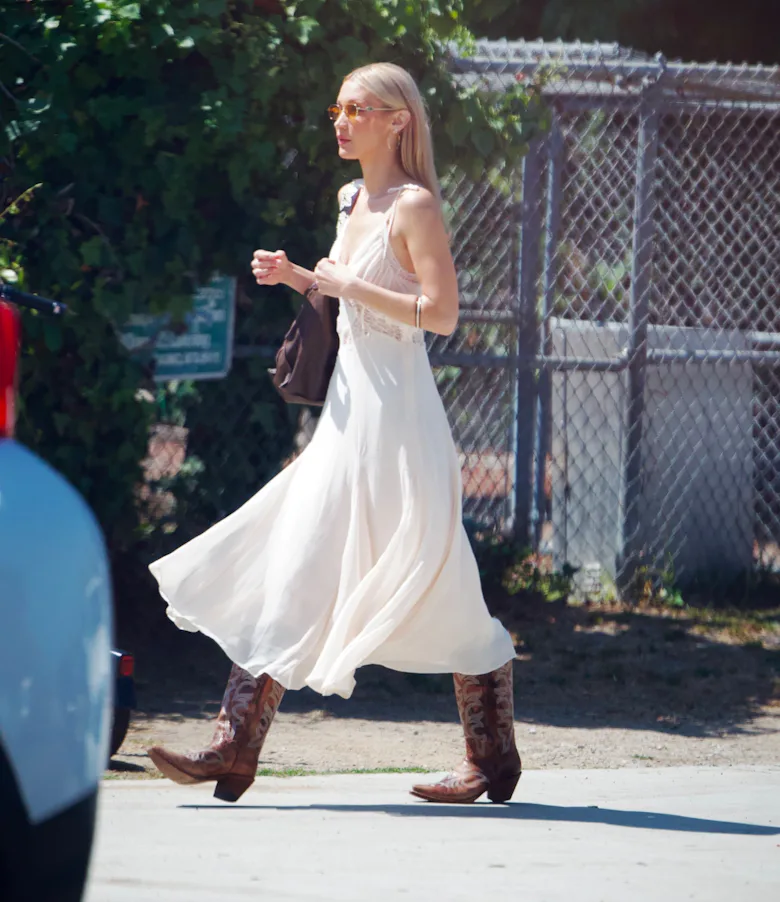 Bella Hadid Does Boho Summer in $150 Lace Dress & Cowboy Boots Bella Hadid Does Boho Summer in $150 Lace Dress & Cowboy Boots