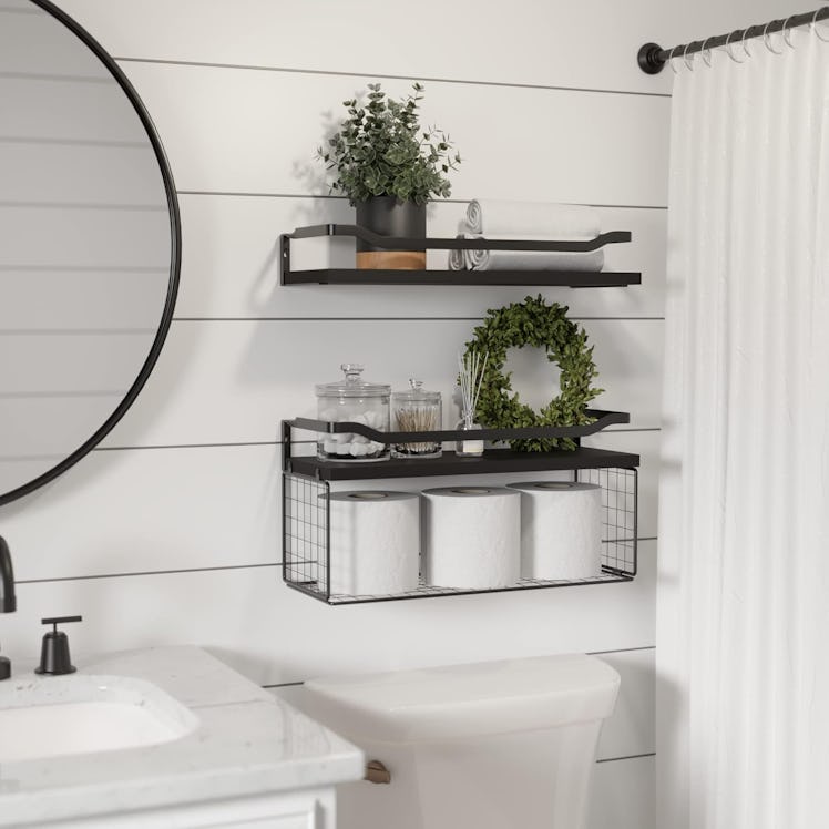 WOPITUES Floating Shelves with Wire Storage Basket