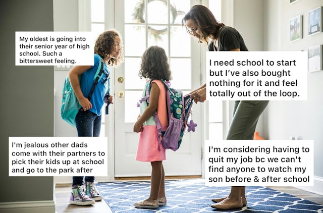A mother and daughter stand by a doorway, discussing school while holding backpacks. Text overlays e...