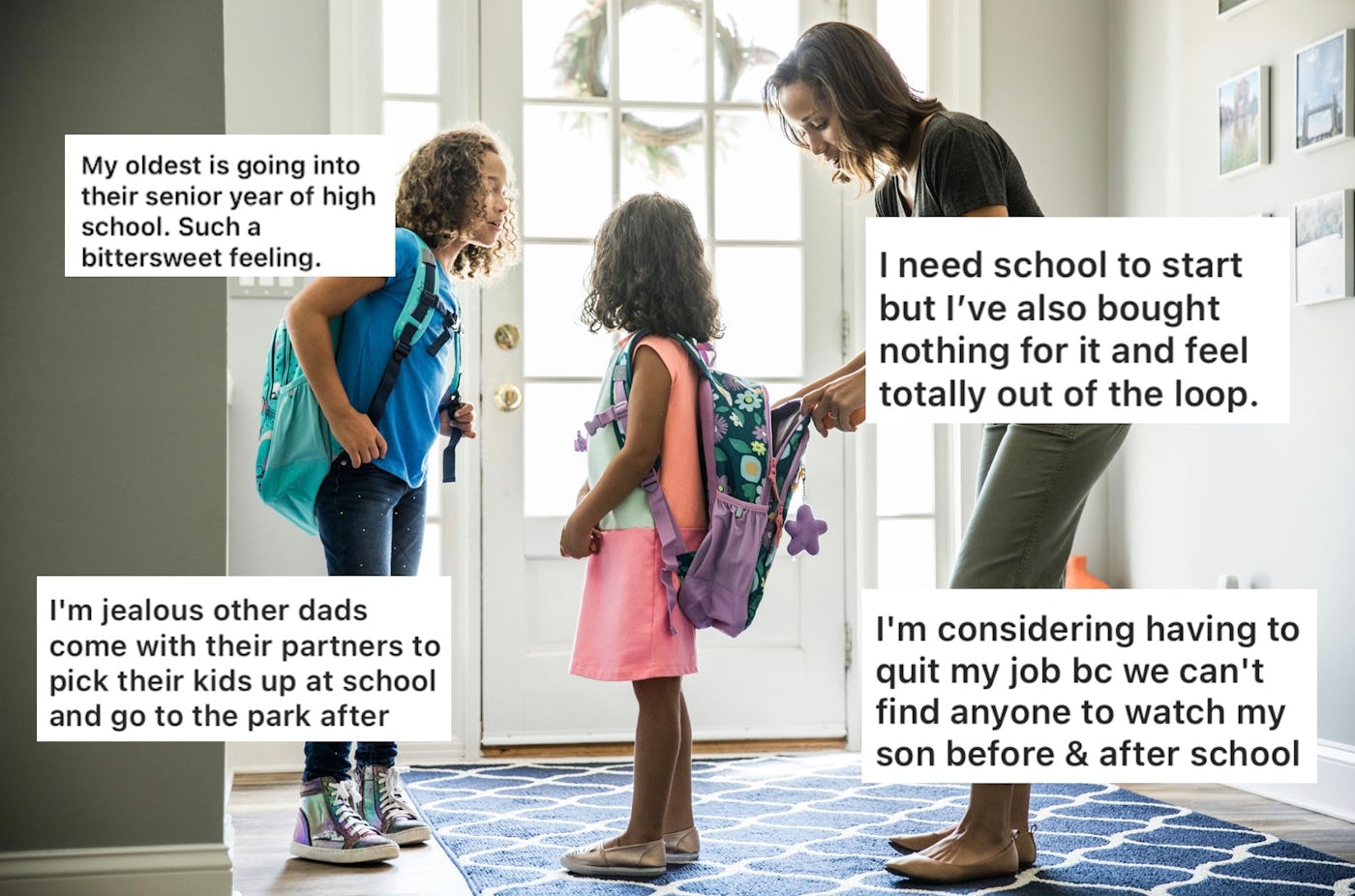 A mother and daughter stand by a doorway, discussing school while holding backpacks. Text overlays express mixed emotions about school and parenting challenges.