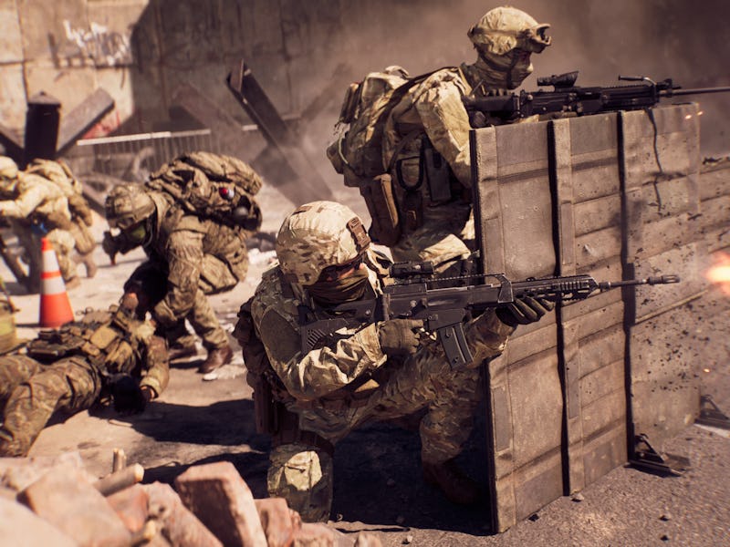 A scene of intense combat where soldiers take cover behind barriers, wielding weapons amidst rubble ...