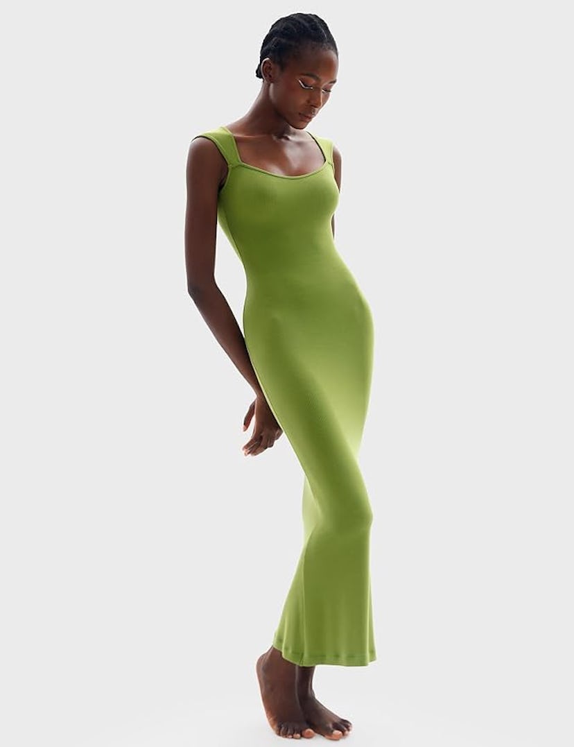PUMIEY Square Neck Cap Sleeve Maxi Dress