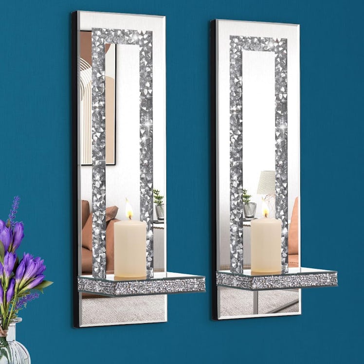 Aeveco Crystal Crush Diamond Mirrored Candle Sconces (Set of 2)