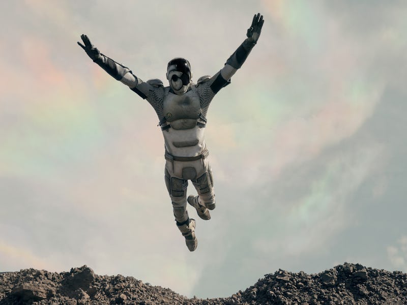 Alexander Skarsgård in "Murderbot," now streaming on Apple TV+.