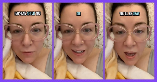 A woman with glasses lays under a blanket, sharing a reassuring message about life after death acros...