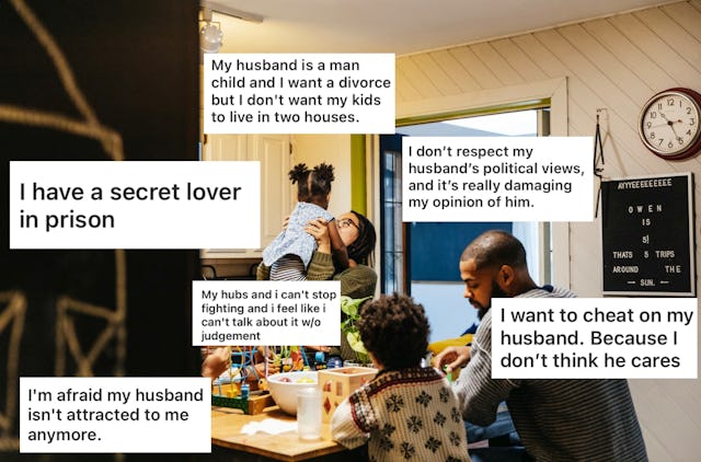 A family scene in a cozy kitchen, with two adults and children. Text overlays share personal struggl...