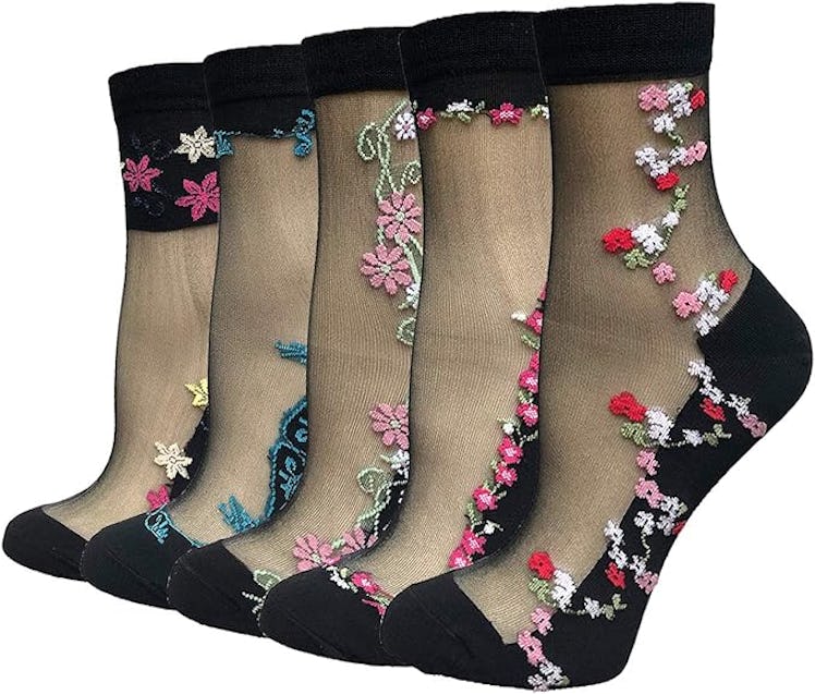 DXYAKY Black Mesh Socks With Floral Lace (5 Pairs)