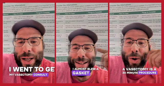 A man with a beard and glasses smiles in a triptych, discussing his vasectomy consultation with humo...