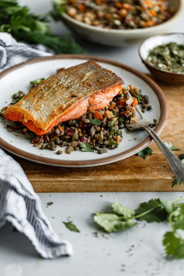 Pan Seared Salmon With French Lentil Salad, in a story about easy lentil recipes.