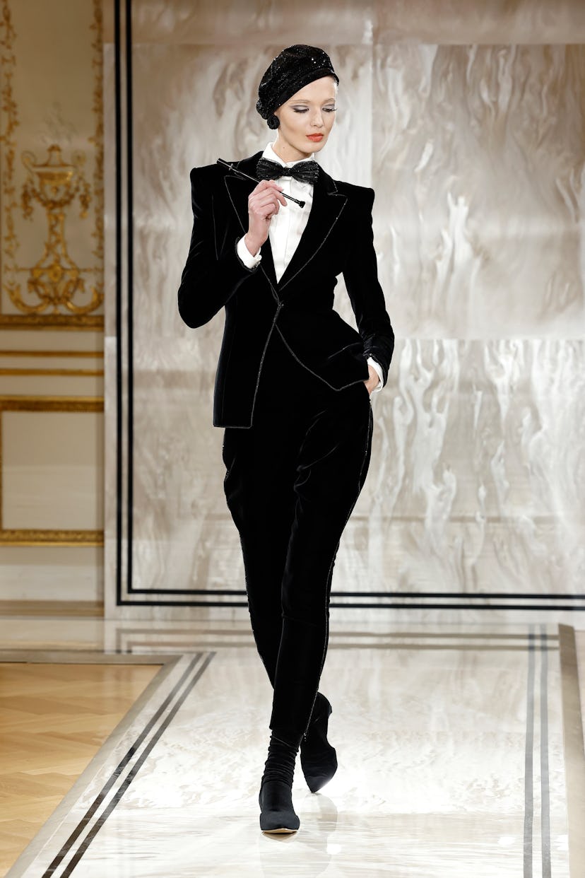 A model walks the runway during the Giorgio Armani Privé Haute Couture Fall/Winter 2025/2026 show a...