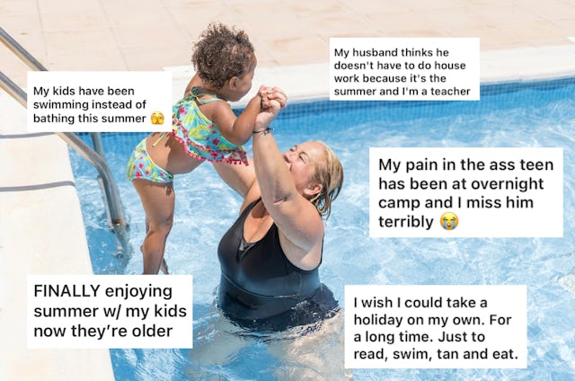 A woman in a black swimsuit and a child in a colorful bikini play in a swimming pool, surrounded by ...