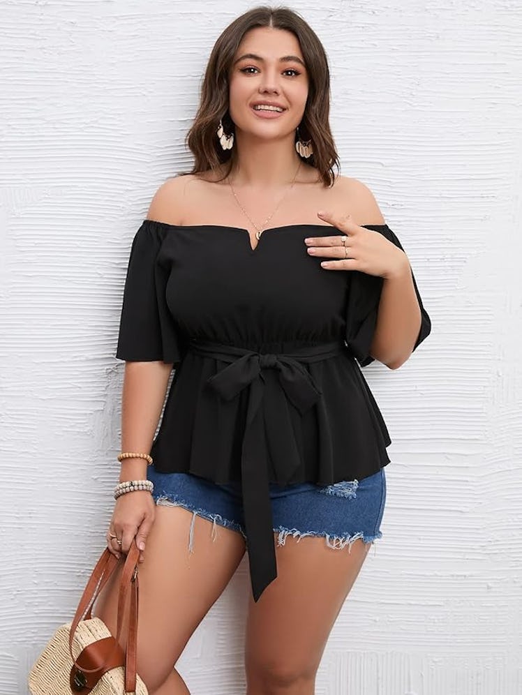SCOMCHIC Off The Shoulder Bell Sleeve Peplum Blouse
