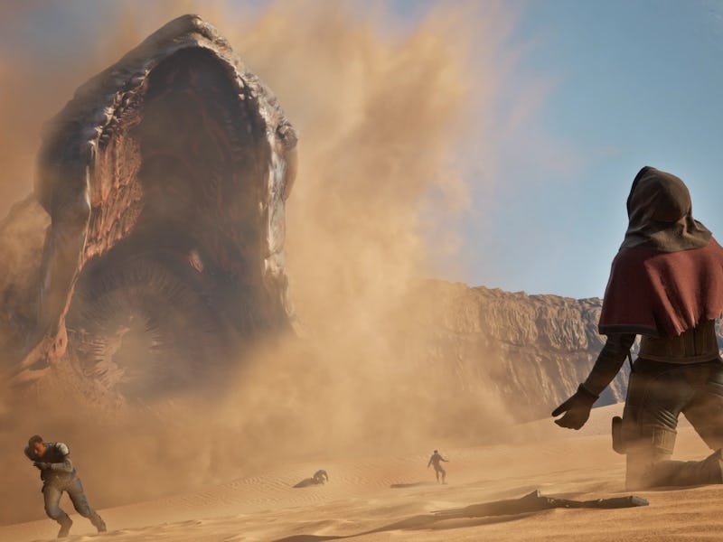 A player surrenders to a giant sandworm.