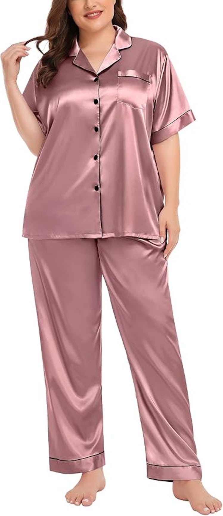 SWOMOG Short Sleeve Satin Pajama Set (2 Pieces)