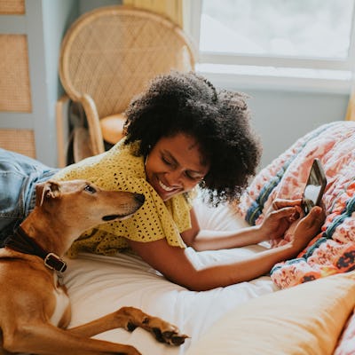 A smiling woman with curly hair lies on a bed, playfully interacting with a dog while holding a tablet, surrounded by colorful bedding.
