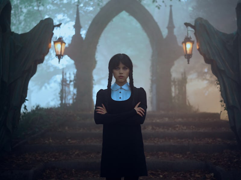 A girl with braided pigtails stands confidently in front of a gothic archway, surrounded by fog and ...
