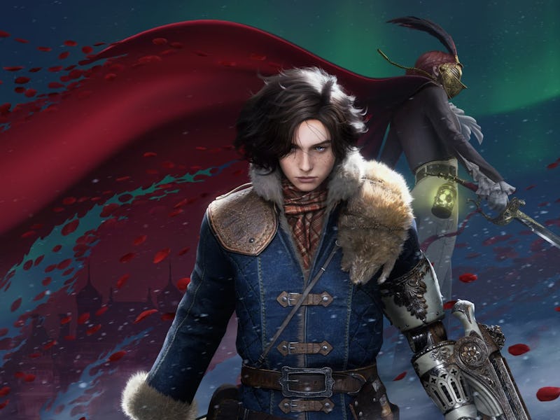 A young man stands confidently in a blue coat with a fur collar, surrounded by swirling red petals. ...