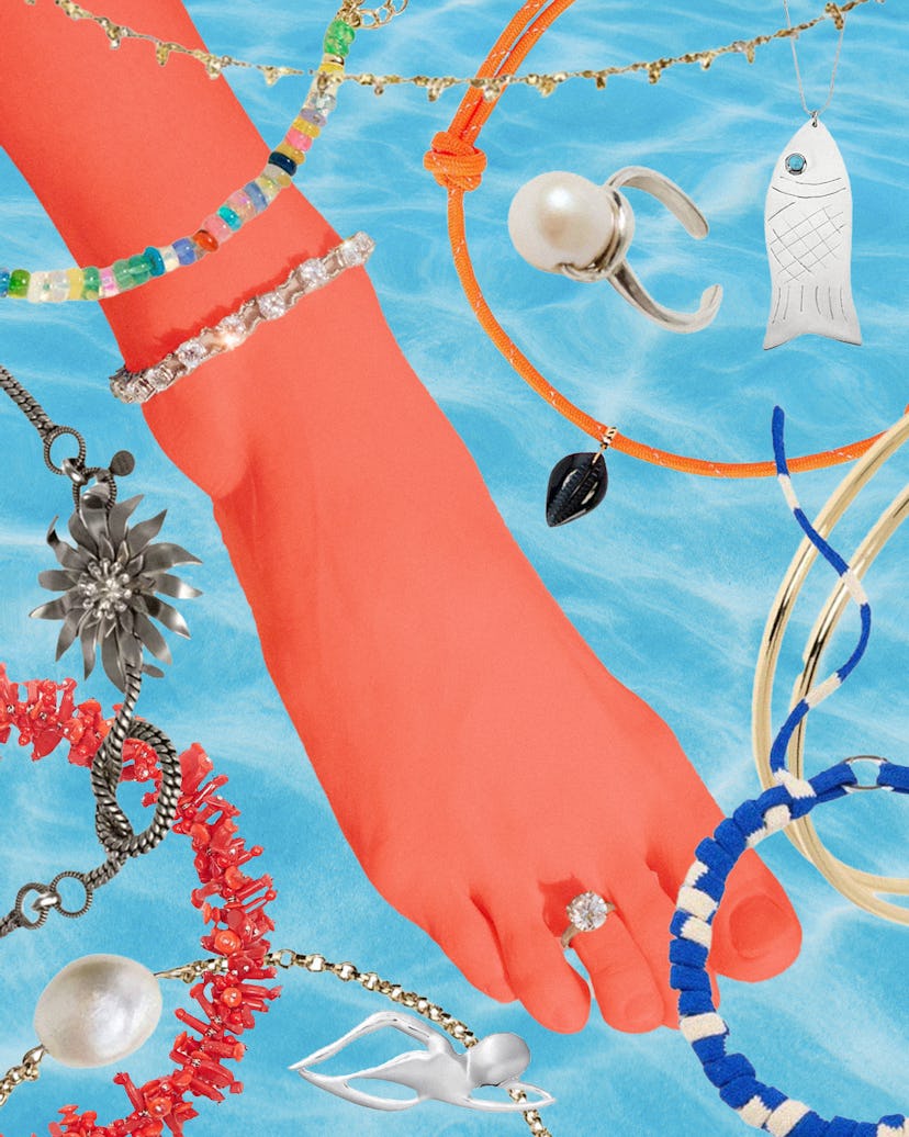 a colorful collage of unexpected summer jewelry that's perfect for the beach or pool