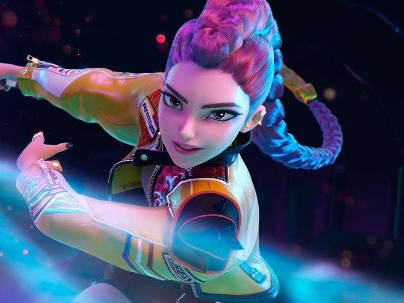 A fierce animated character wields a glowing sword, wearing a stylish jacket. Her vibrant hair is br...