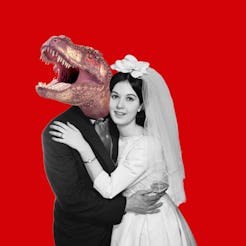 A vintage wedding picture is photoshopped to show the groom with a T-Rex head.