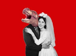 A vintage wedding picture is photoshopped to show the groom with a T-Rex head.