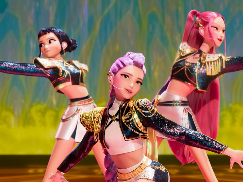 Zoey (Ji-young Yoo), Rumi (Arden Cho), and Mira (May Hong) in KPop Demon Hunters