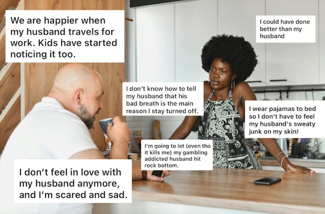 A couple sits at a kitchen table, sharing deep thoughts and concerns. Speech bubbles reveal their st...