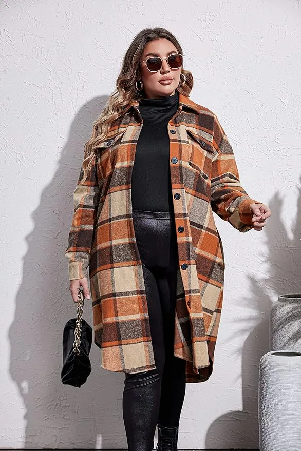 IN'VOLAND Plus-Size Flannel Plaid Shacket