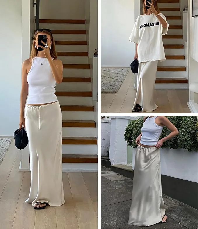 Skrtimory Satin Drawstring Maxi Skirt