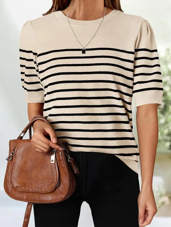 ZESICA Striped Crew-Neck Top
