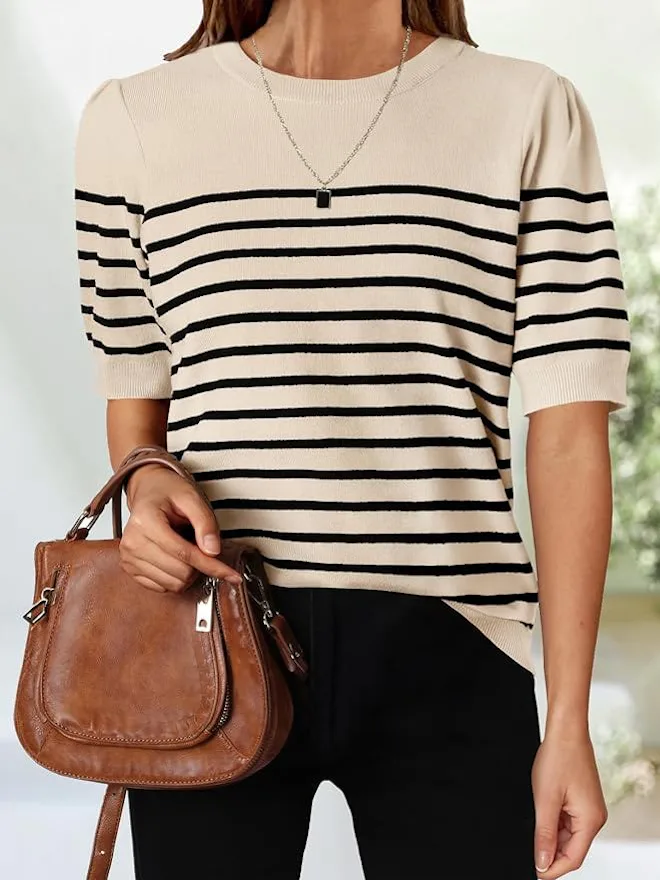 ZESICA Striped Crew-Neck Top