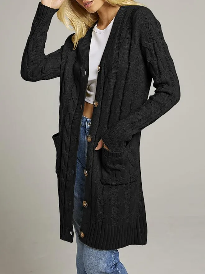 MEROKEETY Cable-Knit Long-Sleeve Cardigan