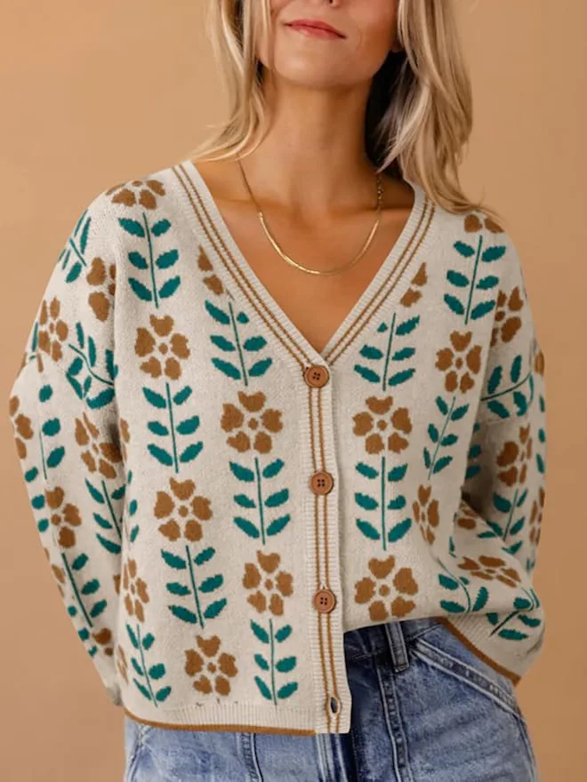 Saodimallsu Floral-Print V-Neck Cardigan