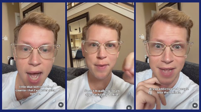 Stills from a video of a man speaking to his phone camera about an experience with a child asking hi...