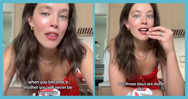 A woman with long hair and a red dress shares thoughts on motherhood. Text on screen highlights her ...
